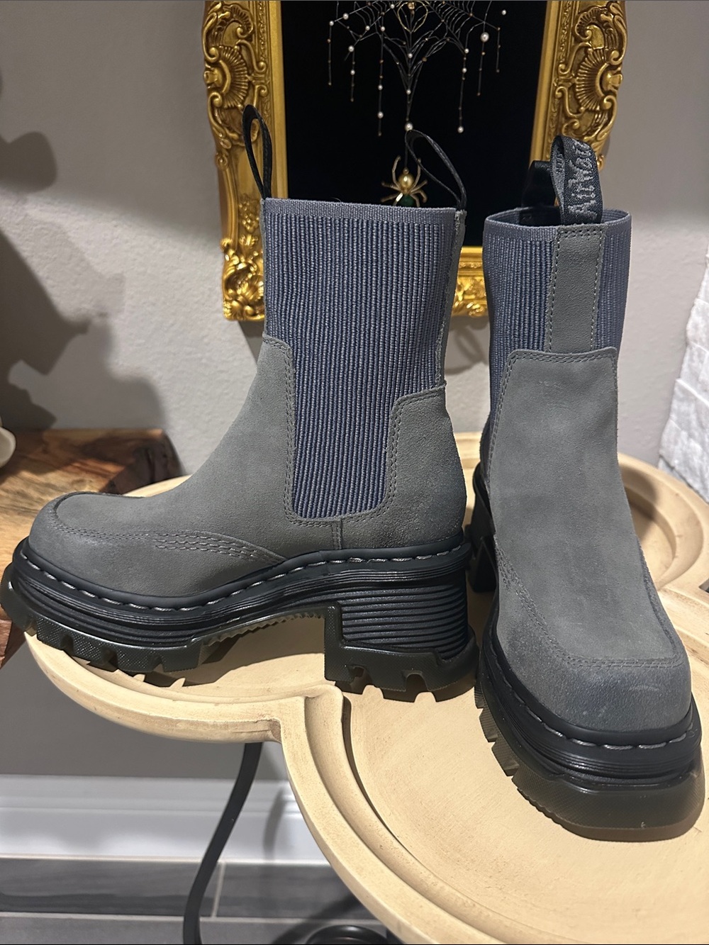Dr. Martens Gray Suede Chelsea Lug Booties